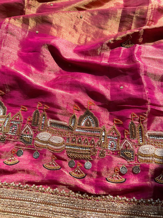 Hot Pink Tissue Silk Saree Jadau Banarasi Ghat With Hand Embroidery Closeup View01