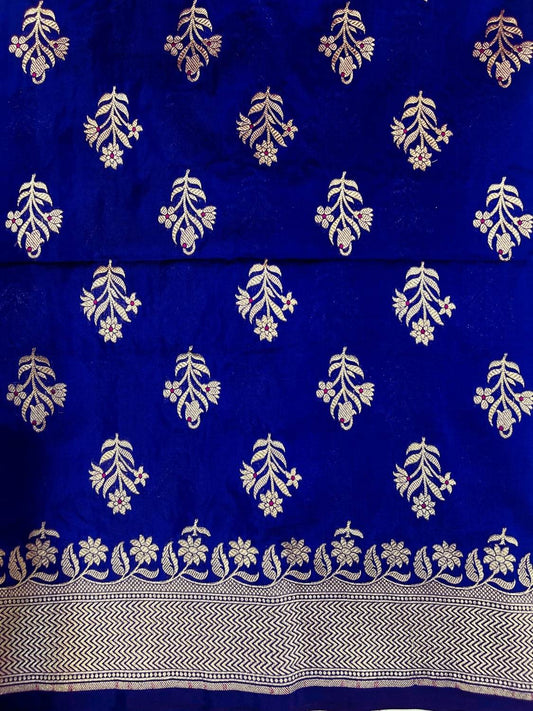 Royal Blue Katan Silk Saree with zari floral buti closeup  view