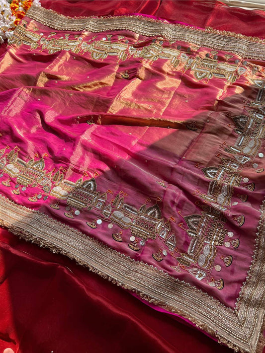 Hot Pink Jadau Banarasi Ghat Tissue Silk Saree - Mantavya Banaras