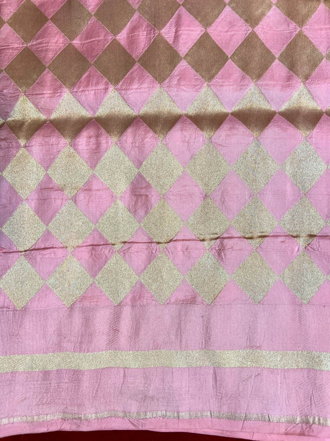 Peach Katan Silk Saree with geometric pattern closeup view 