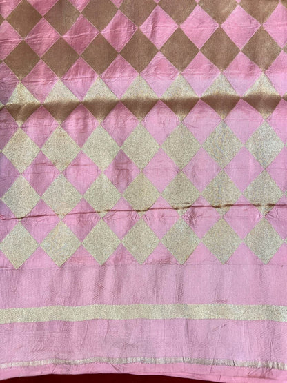 Peach Katan Silk Saree with geometric pattern closeup view 