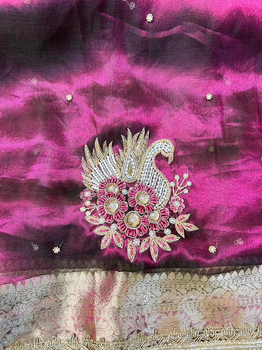 Wine Rajhans swan motif Banarasi tissue silk saree