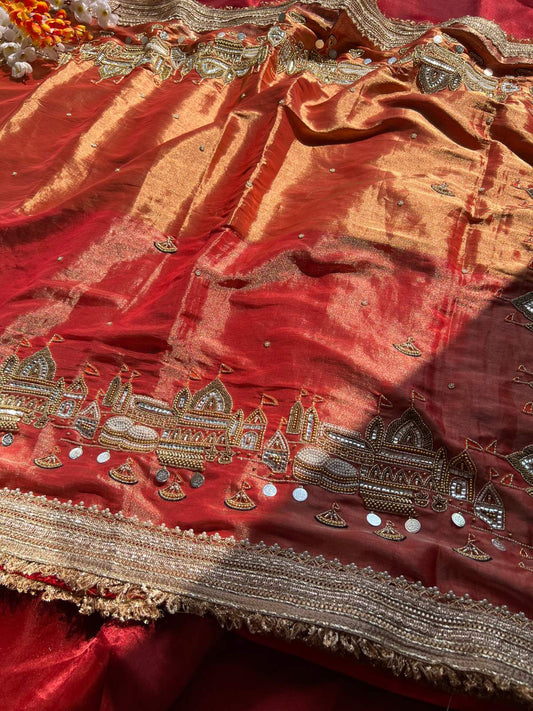Red Tissue Silk Saree Jadau Banarasi Ghat with Hand Embroidery Full View 01