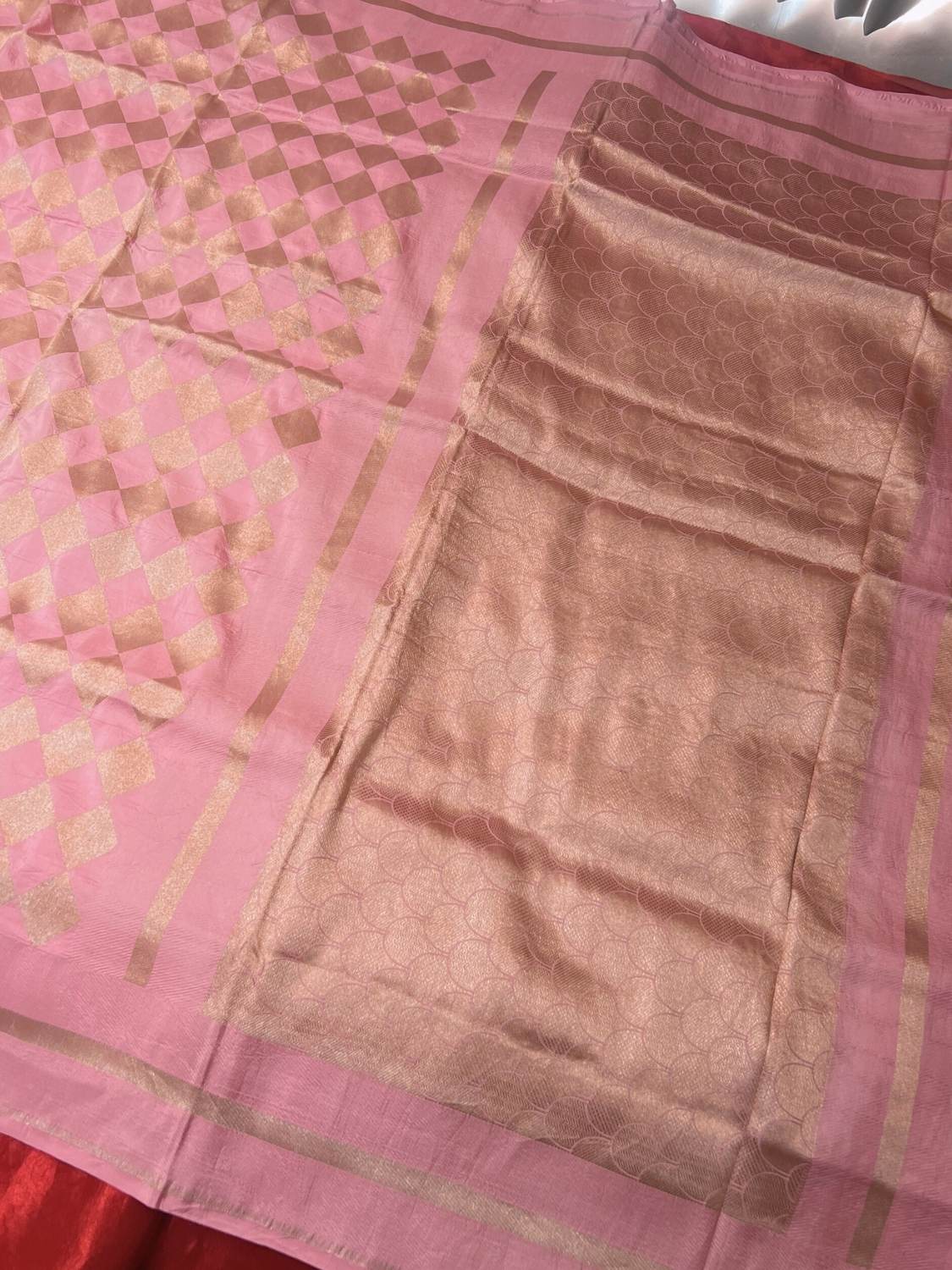 Peach Katan Silk Saree with geometric pattern full view