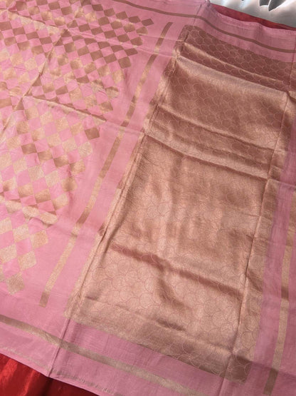 Peach Katan Silk Saree with geometric pattern full view
