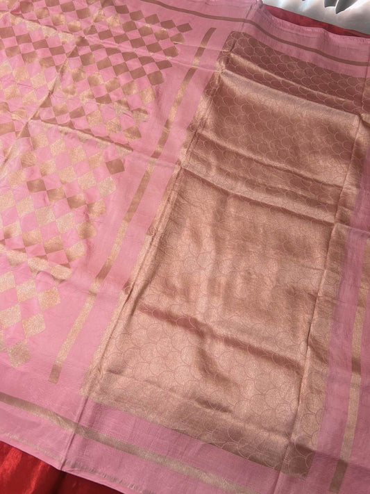 Peach Katan Silk Saree with geometric pattern full view