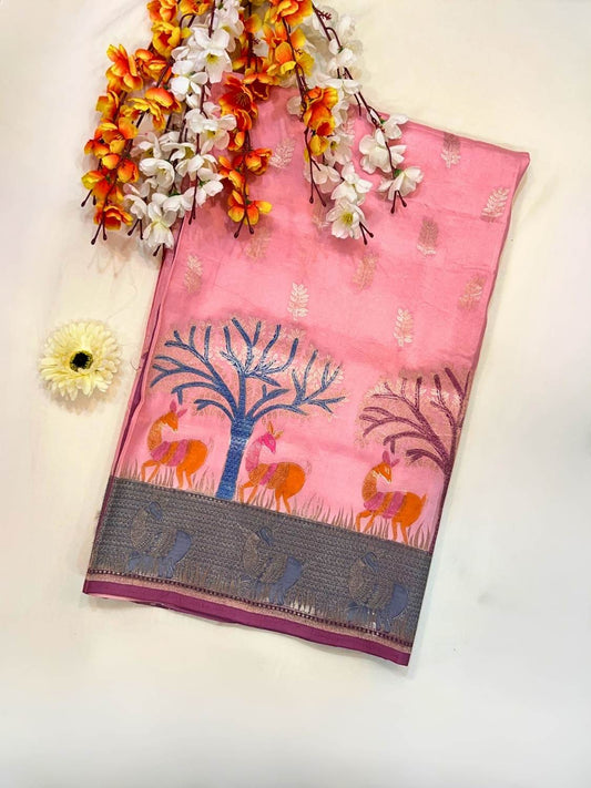 Pink Katan Silk Saree with golden zari leaf buti front view