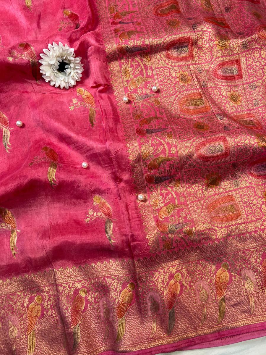 Pink Viscose Silk Saree closeup view