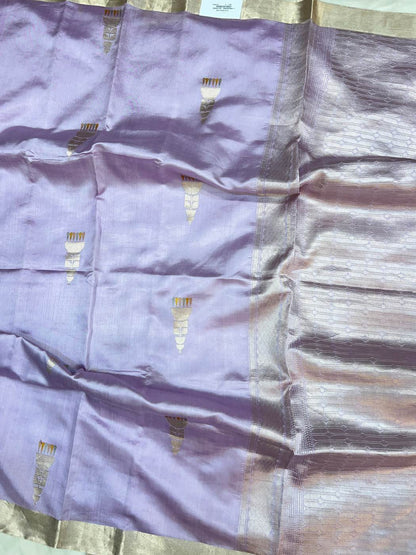 Light Lavender Katan Silk Saree with temple-inspired buta full view