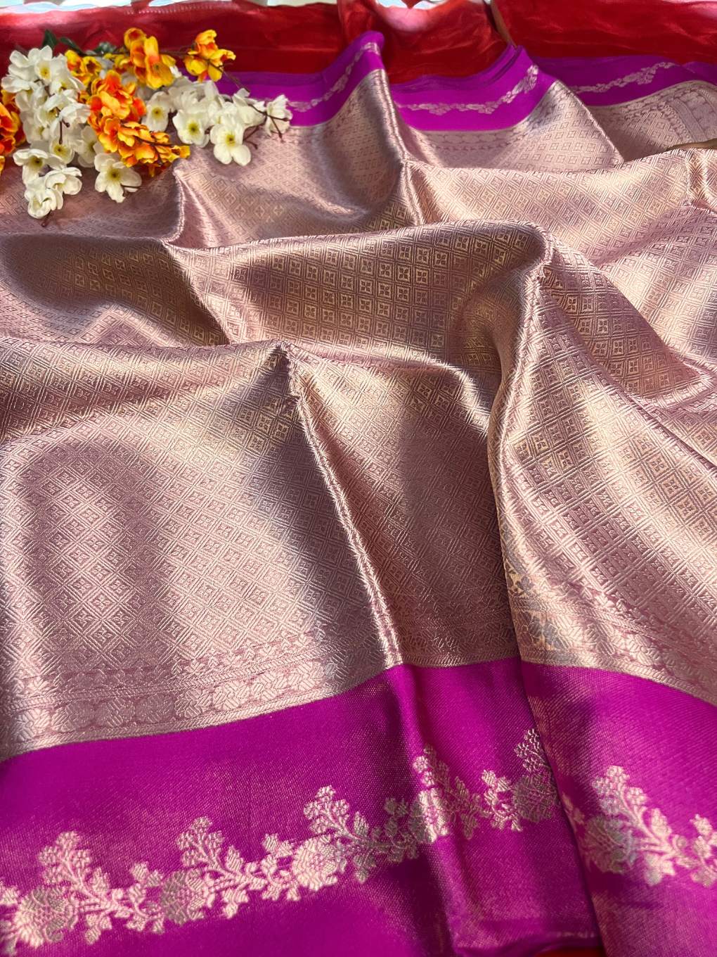 Magenta Brocade Tissue Silk