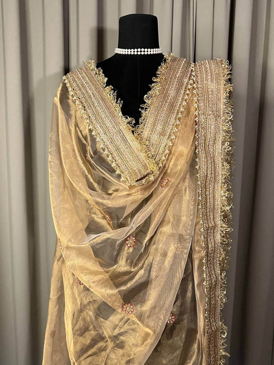 Golden Tissue Silk Dupatta with Hand Embroidered Floral  Closeup view 1