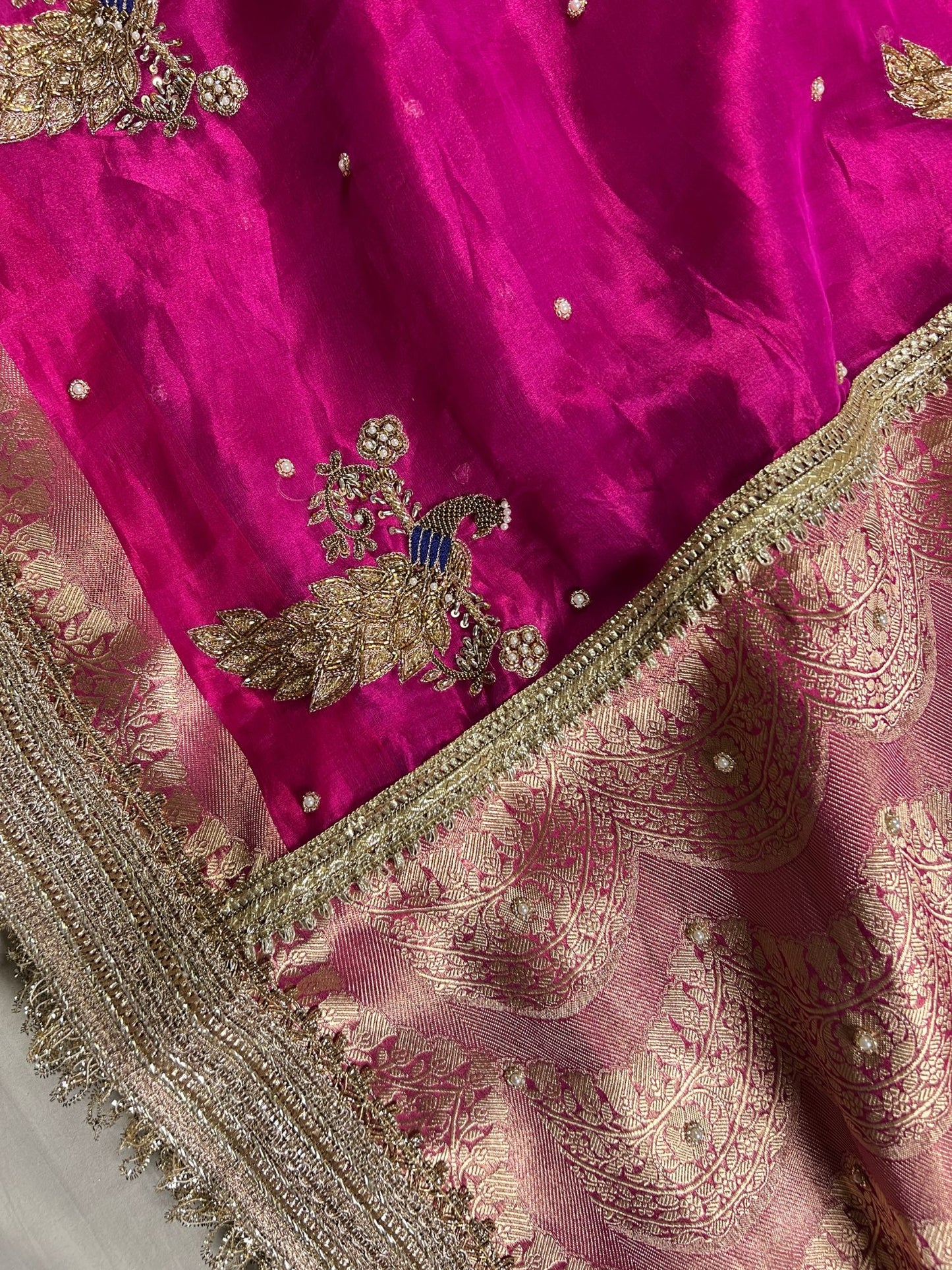 Hot Pink Mayur Tissue Silk Saree  closeup view 02