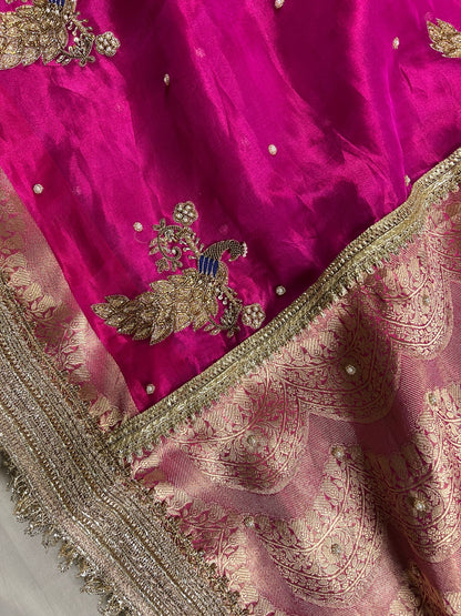Hot Pink Mayur Tissue Silk Saree  closeup view 02