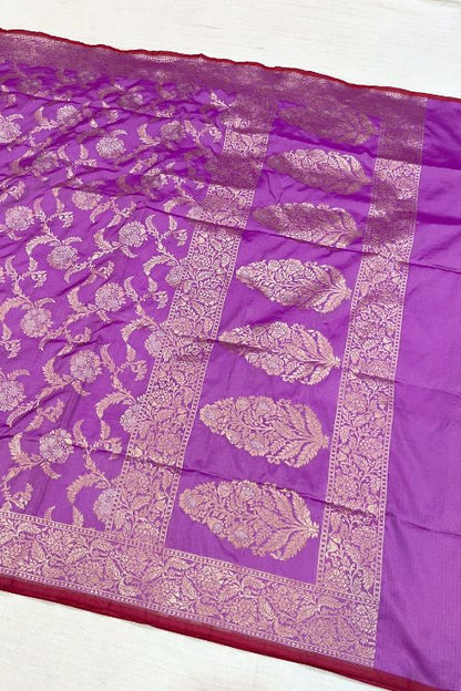Handwoven Purple Katan Silk Saree with golden and silver floral jaal and magenta contrast border