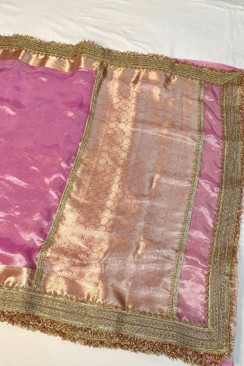 Baby Pink Banarasi Tissue Silk Saree with Gotta Patti Border and Brocade Blouse