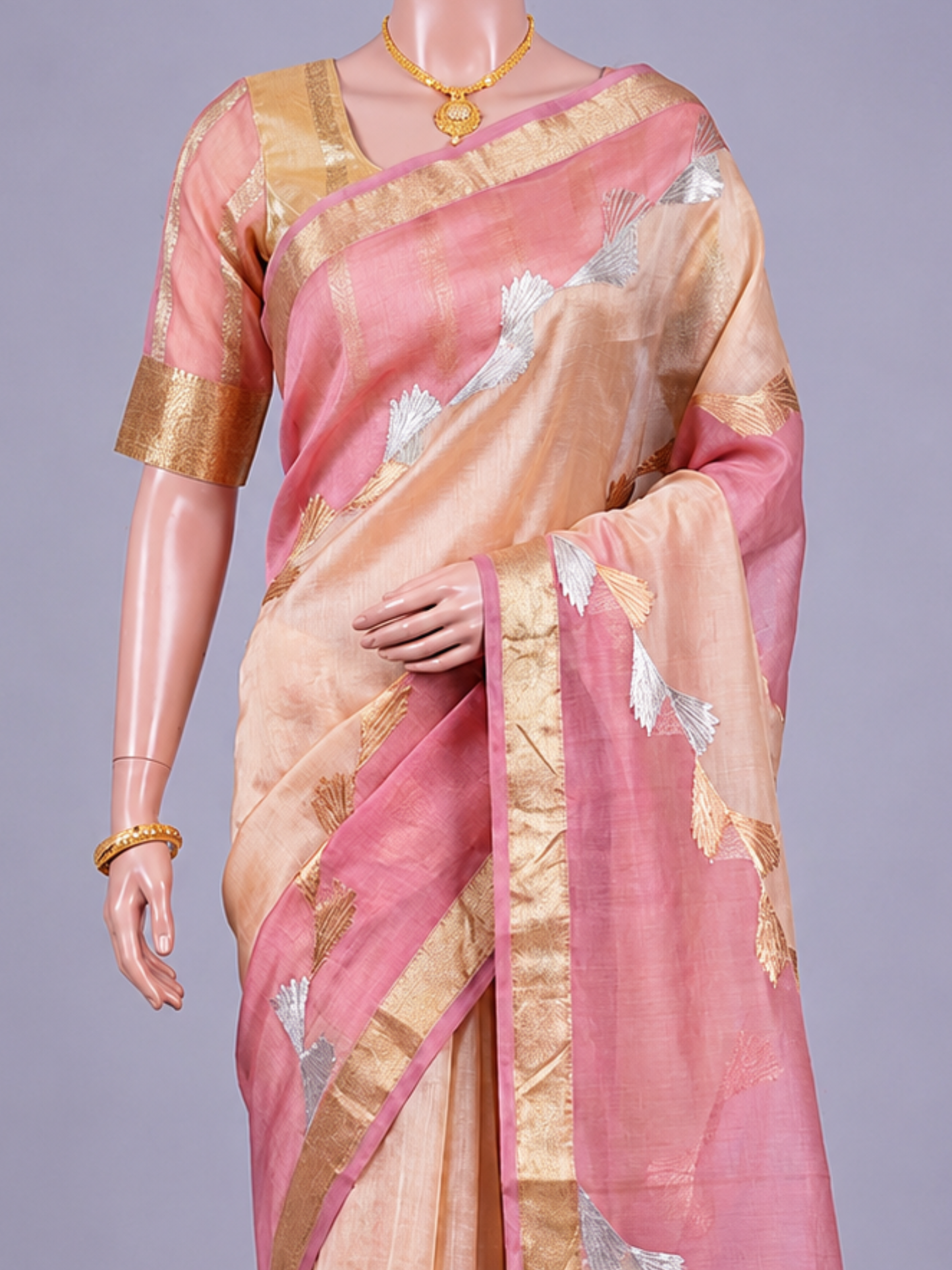  Pink Beige Kora Silk Saree Dummy View 02