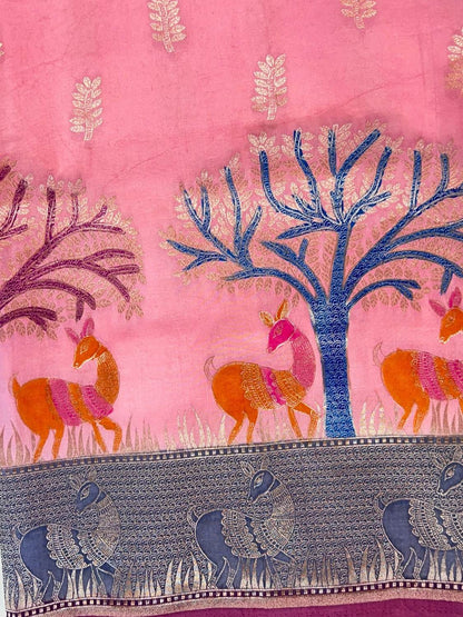 Pink Katan Silk Saree with golden zari leaf buti closeup view