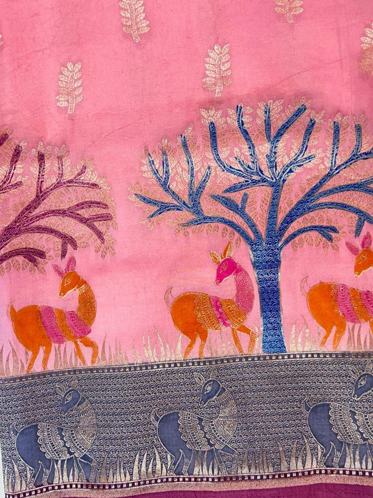 Pink Katan Silk Saree with golden zari leaf buti closeup view