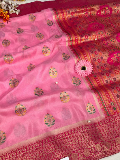  Pink Viscose Silk Saree full view 