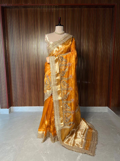Orange Gajgamini Tissue Silk Saree