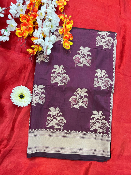 Deep Purple Katan Silk Saree with floral front view