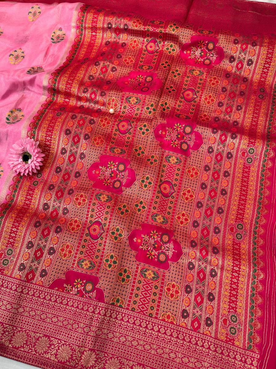  Pink Viscose Silk Saree closeup view 01