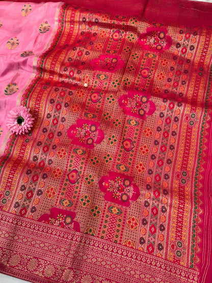  Pink Viscose Silk Saree closeup view 01