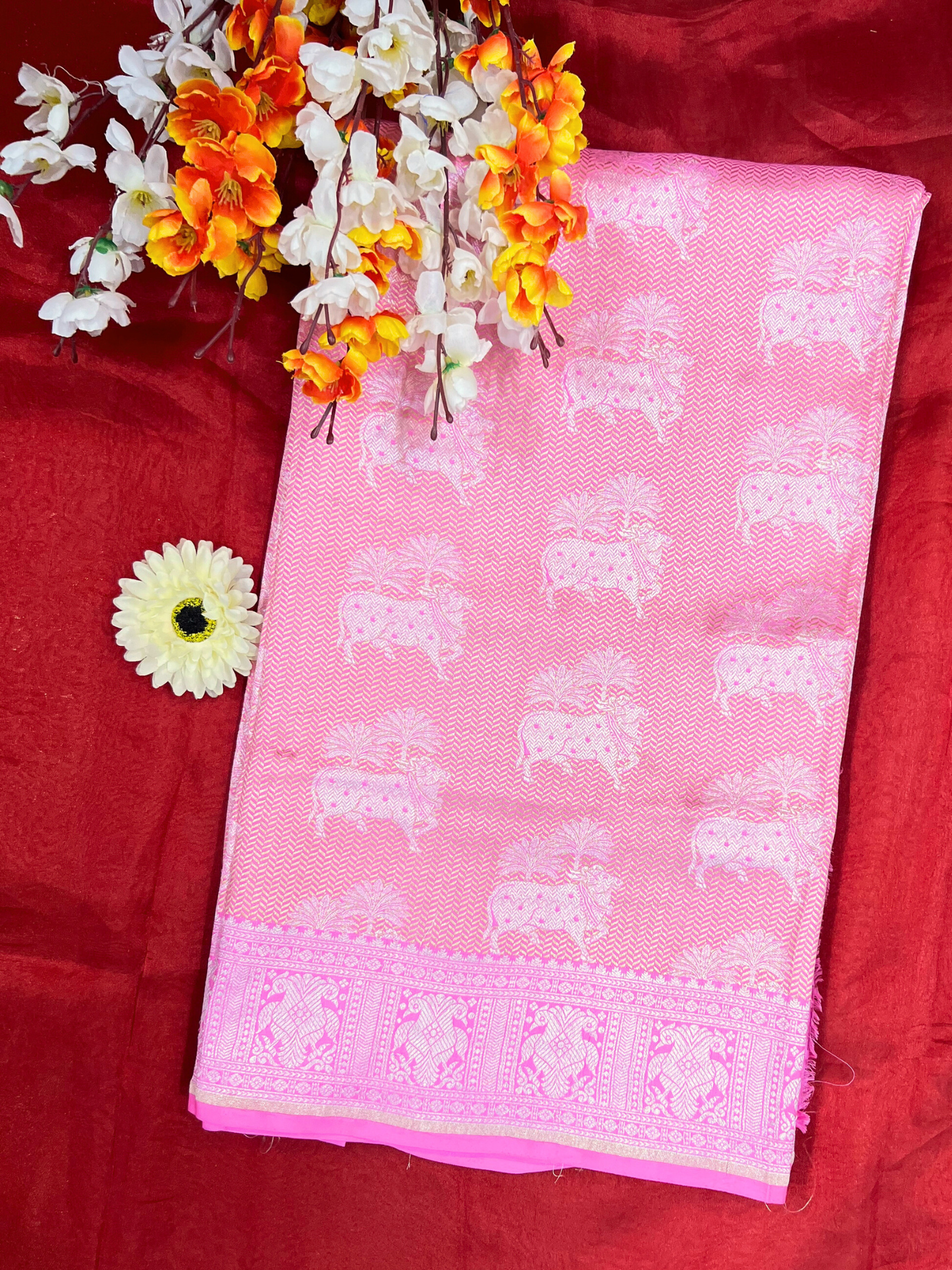 Pink Katan Silk Saree with floral front view