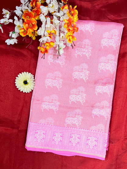 Pink Katan Silk Saree with floral front view