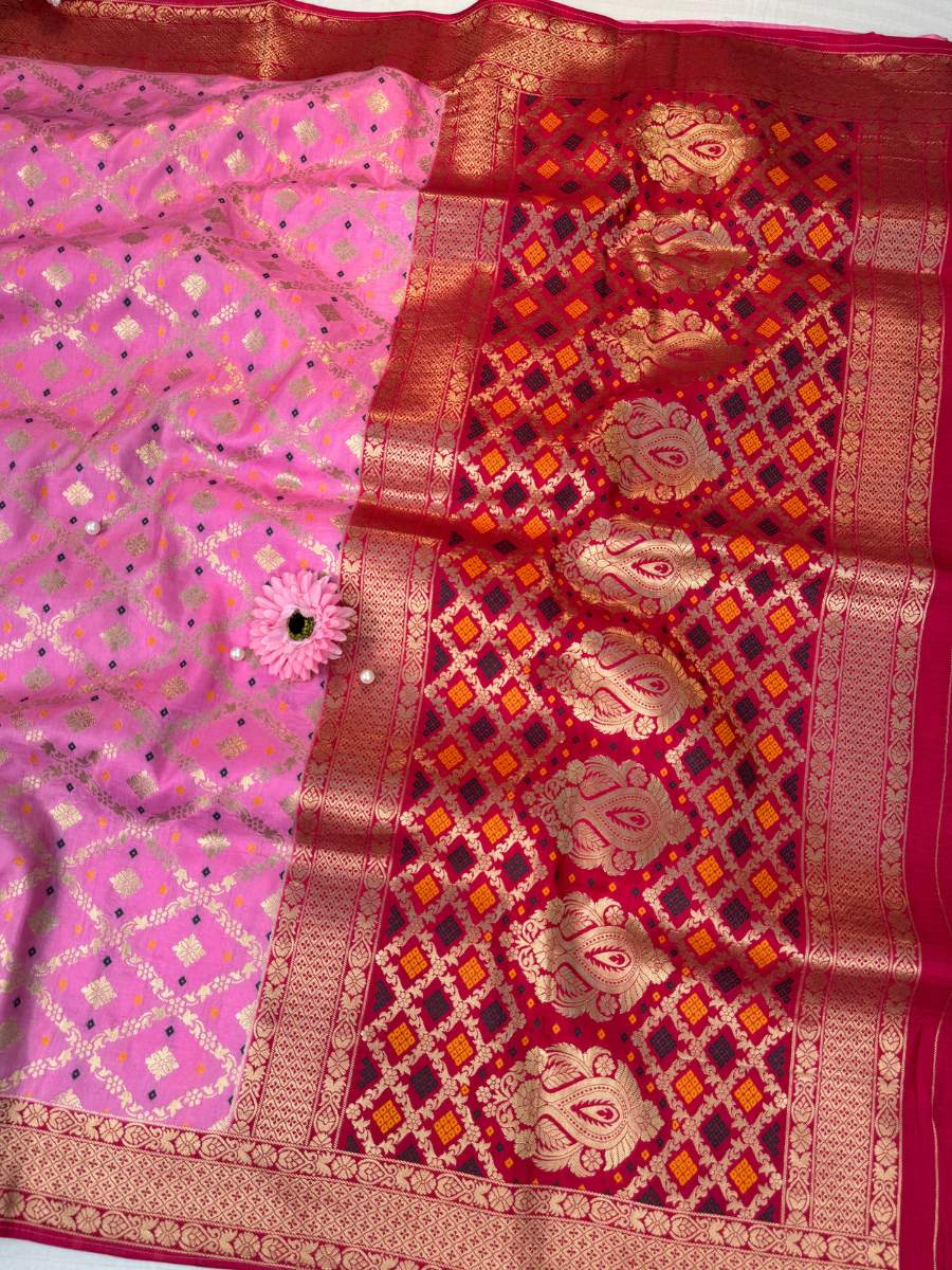 Pink Viscose Silk Saree Full view 01