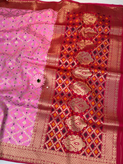 Pink Viscose Silk Saree Full view 01