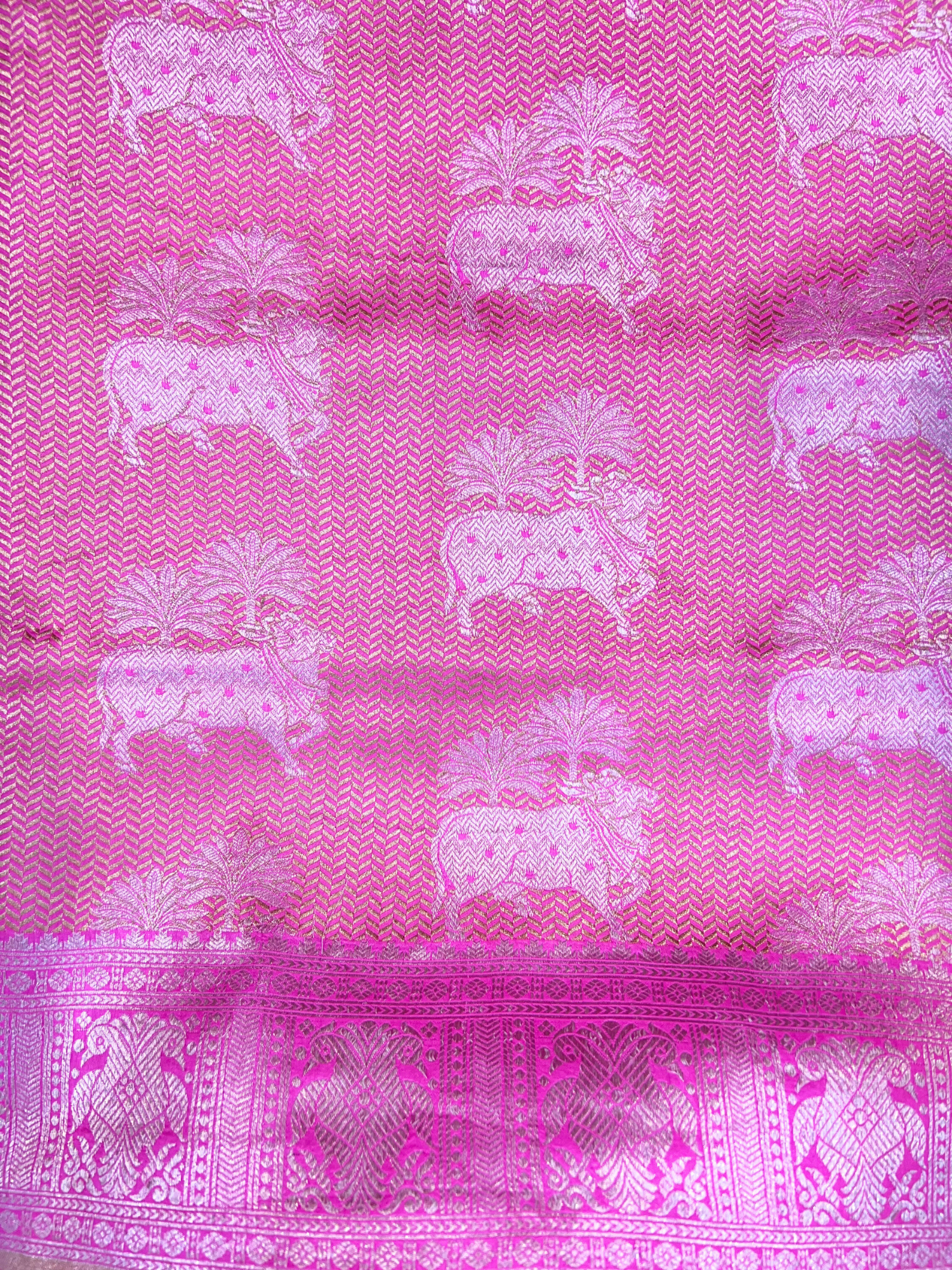 Pink Katan Silk Saree with floral closeup  view