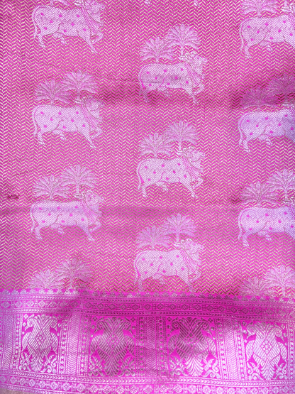 Pink Katan Silk Saree with floral closeup  view