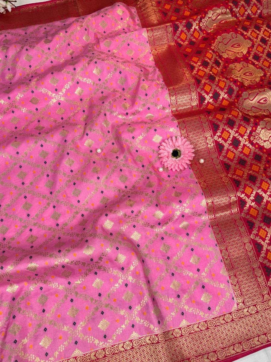 Pink Viscose Silk Saree Full view 02