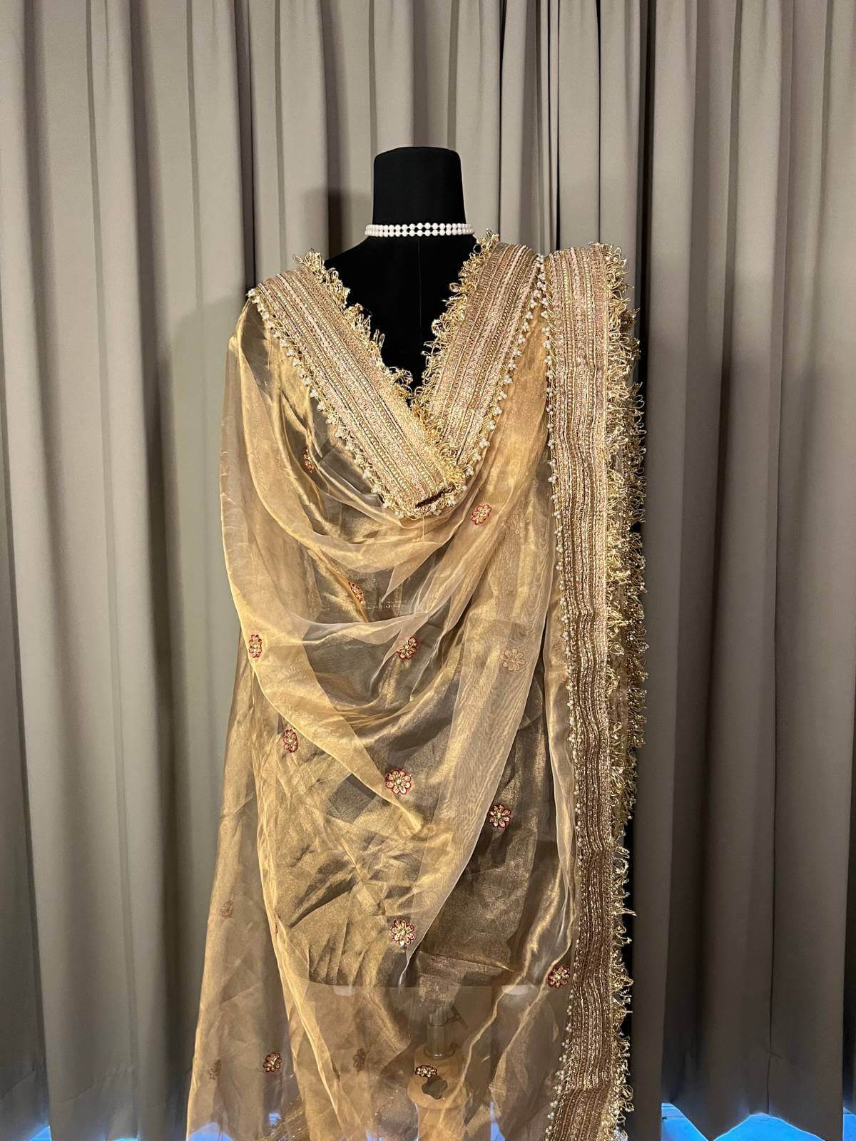 Golden Tissue Silk Dupatta with Hand Embroidered Floral  full view