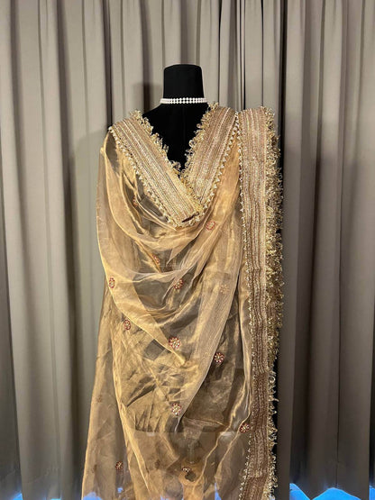 Golden Tissue Silk Dupatta with Hand Embroidered Floral  full view