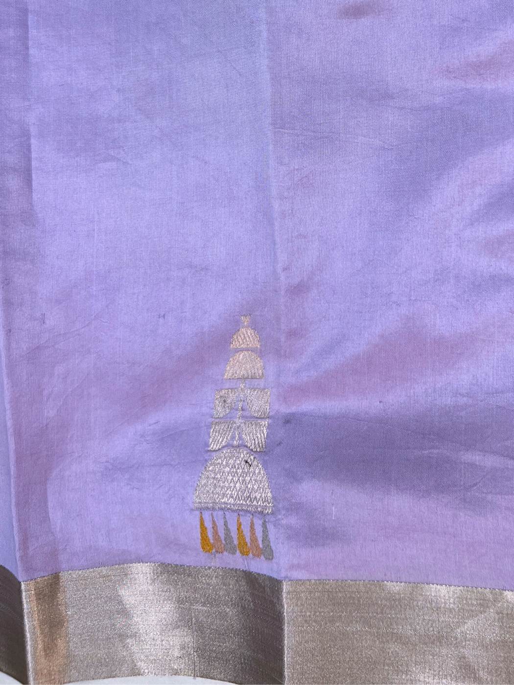 Light Lavender Katan Silk Saree with temple-inspired buta closeup view