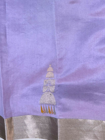 Light Lavender Katan Silk Saree with temple-inspired buta closeup view