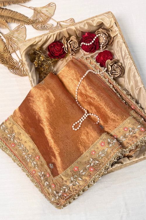 Peach Hand Embroidered Tissue Silk Dupatta