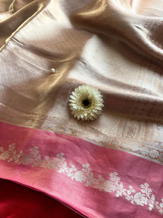 Pink Brocade Tissue Silk Saree with Zari Work closeup view