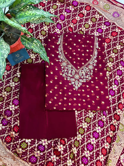 Maroon Bandhej suit with traditional ethnic pattern
