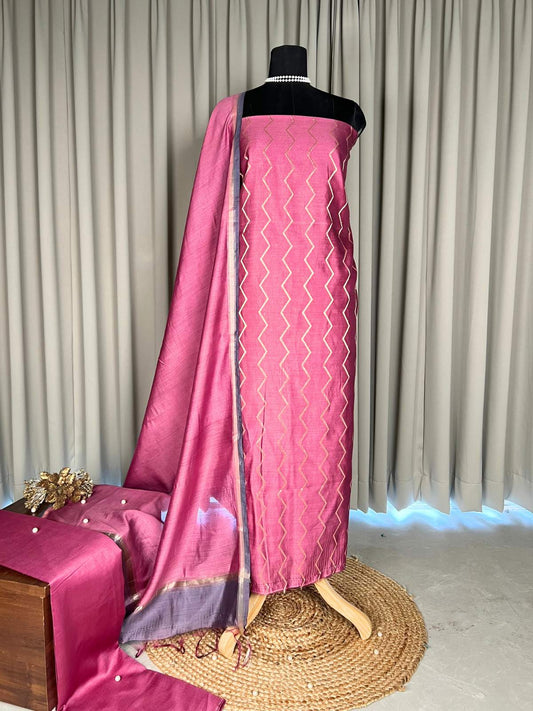 Pink Chiniya Silk Suit with Elegant zigzag woven design full view 