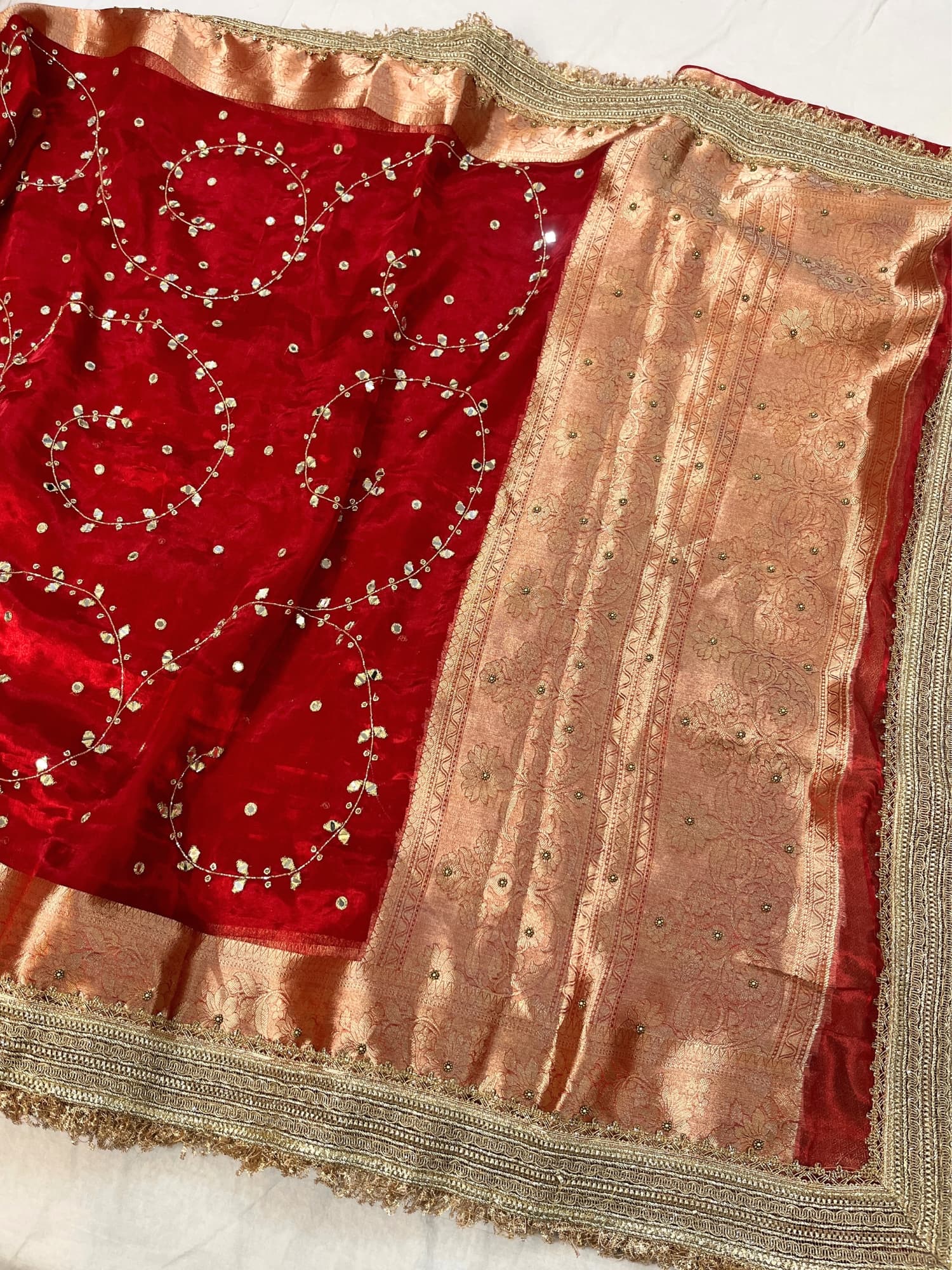 Hand Embroidered Red Tissue Silk Saree with Mirror Jaal and Buti Work