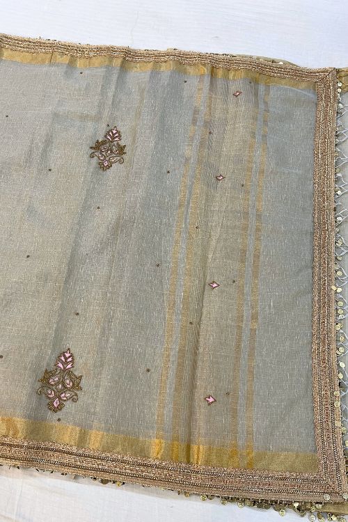 Hand-Embroidered Ash Grey Linen Tissue Silk Saree with intricate embroidery