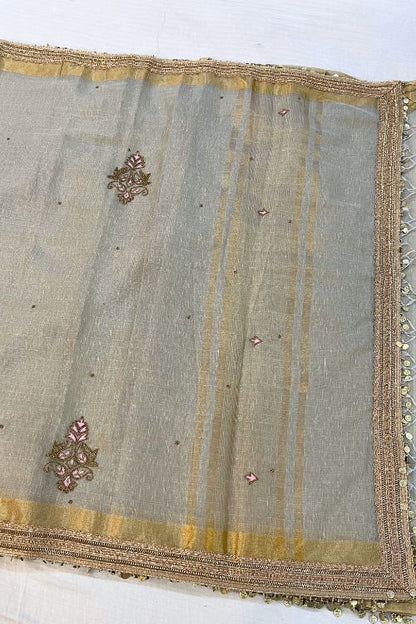 Hand-Embroidered Ash Grey Linen Tissue Silk Saree with intricate embroidery