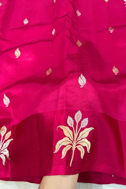 Hot Pink Raw Mango Silk Saree with floral brocade aachal, satin border, and Sona Rupa buti – handcrafted Banarasi silk saree