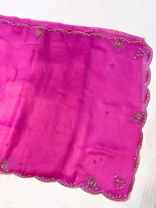 Pink Hand Embroidered Banarasi Kora Silk Saree with Swan Buta Border and Floral Butis