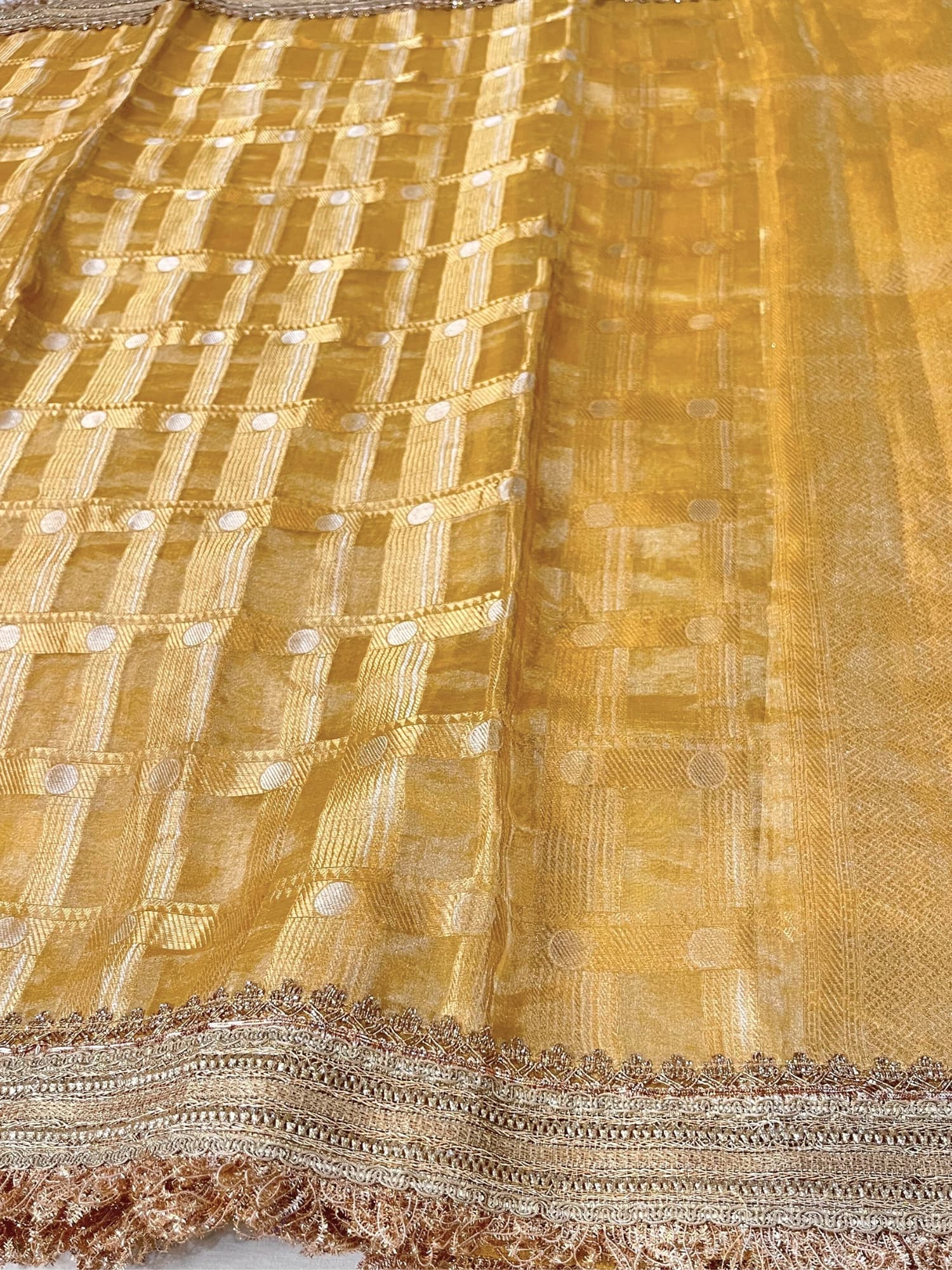 Yellow Banarasi Tissue Silk Saree with shimmering texture and brocade blouse – handwoven festive silk saree from Banaras.