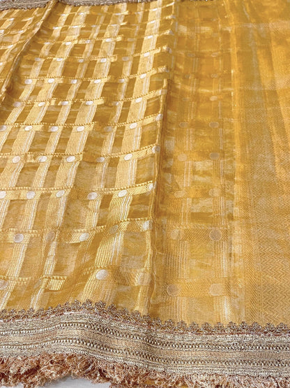 Yellow Banarasi Tissue Silk Saree with shimmering texture and brocade blouse – handwoven festive silk saree from Banaras.