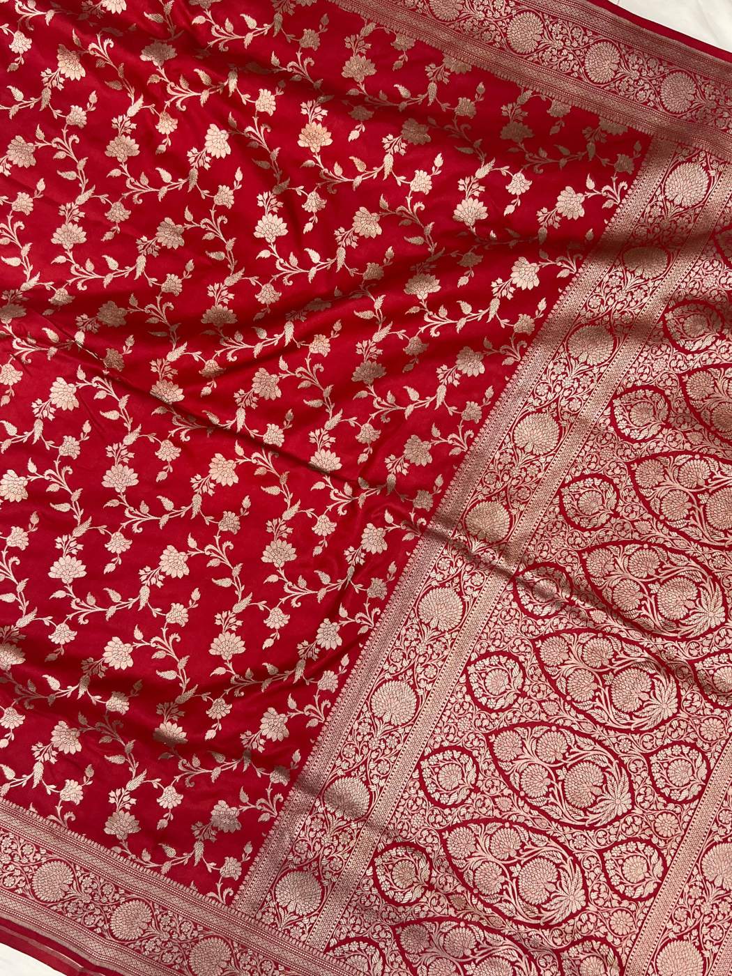 Red Katan Silk Saree with floral vine full view